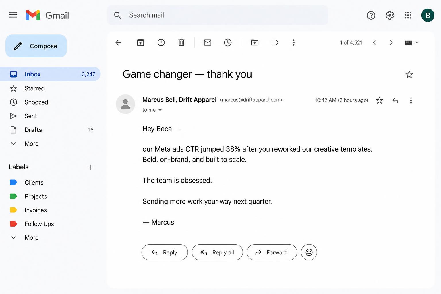Email from Marcus Bell about Meta ads CTR jump