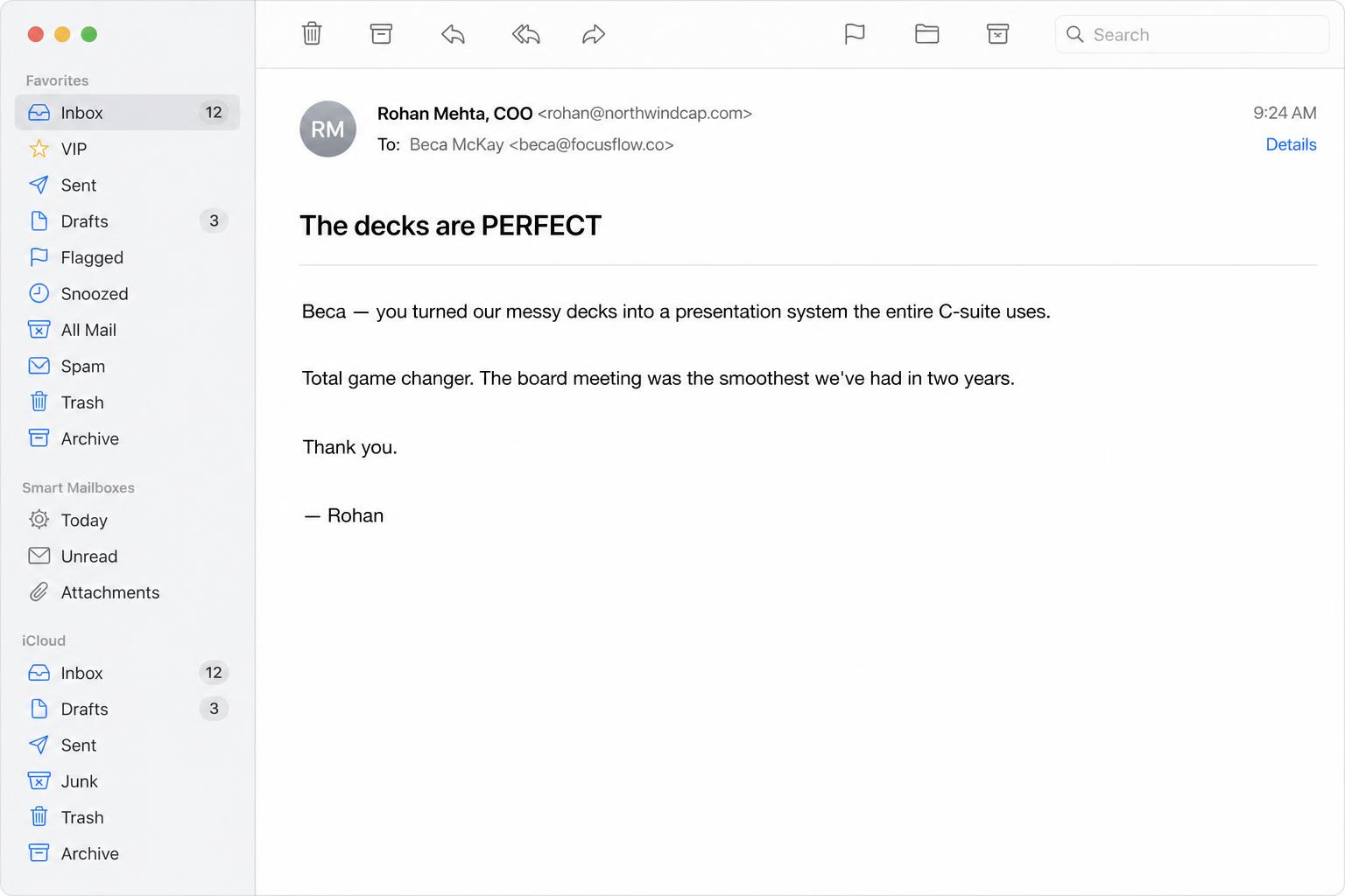Email from Rohan Mehta about presentation decks